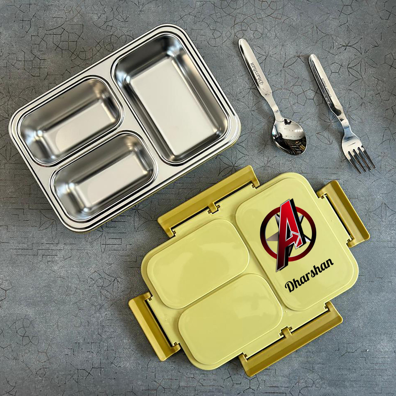 Personalized Bento 3 Partition Lunch Box | Stainless Steel Inner Lunch Container with Fork & Spoon | Custom Name Lunch Box for Kids, Adults, Office, School & Travel