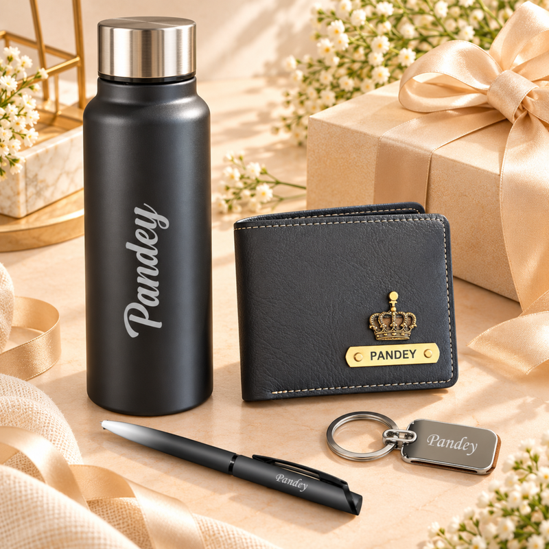 Hycross Customised Gift Set | Personalised Aqua Steel Bottle, Nexon Men Wallet, Pen & Keychain Combo | Premium Gift Hamper for Men