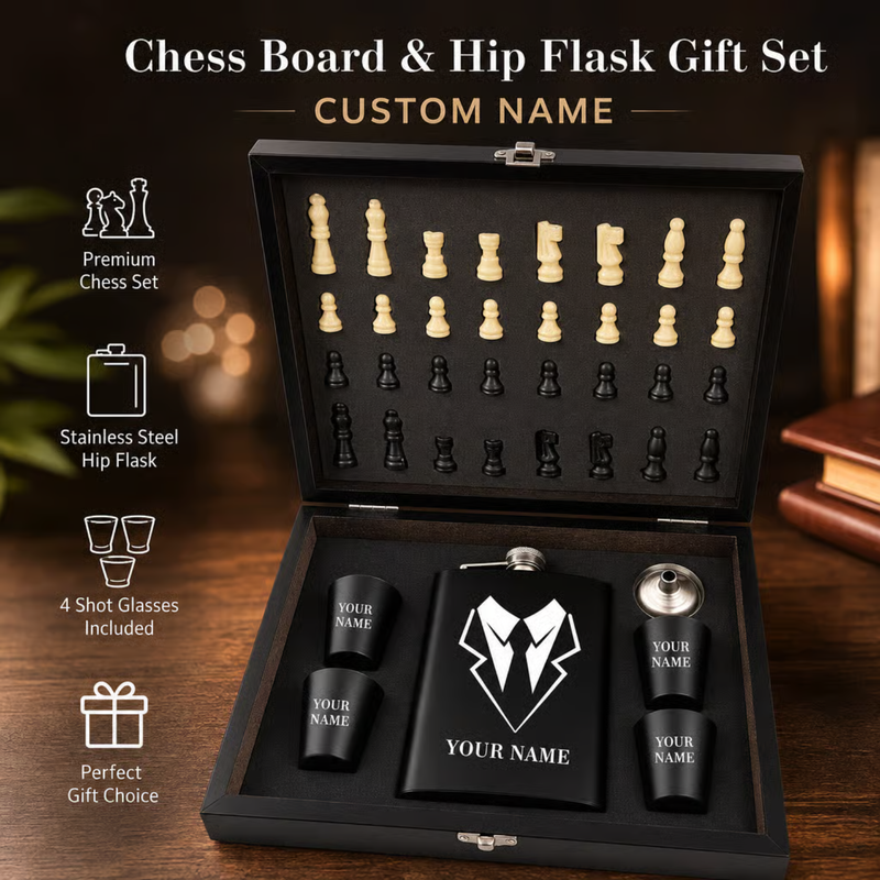 Personalised Chess Board & Hip Flask Gift Set | 200ml Stainless Steel Flask with 50ml Shot Glasses, Funnel & Premium Chess Game Combo