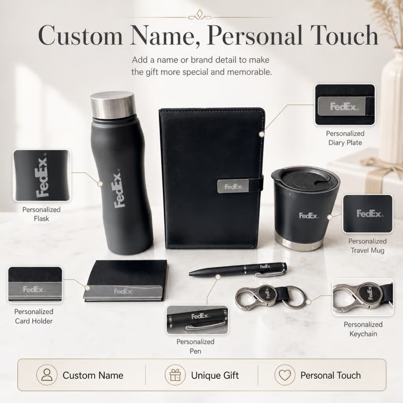 Personalized Crown 6 in 1 Gift Set | Custom Name Flask Diary Travel Mug Pen Card Holder & Keychain | Corporate Office Birthday Gift Combo