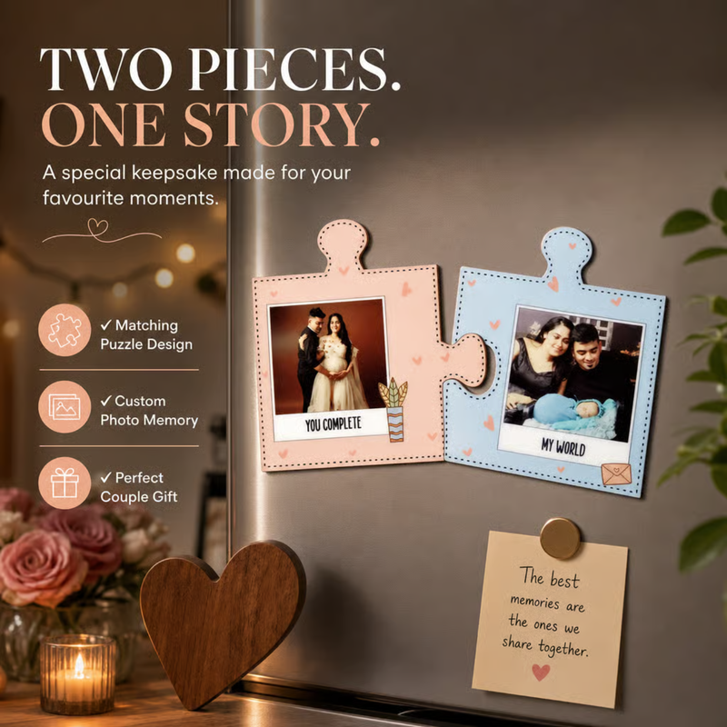 Couple Puzzle Magnets | Personalized Photo Fridge Magnet Set | Matching Puzzle Piece Couple Gift | Custom Memory Keepsake for Anniversary & Special Moments