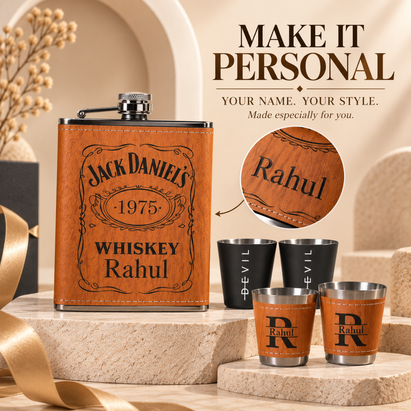 Personalised Hip Flask Gift Set 200ml with 50ml Shot Glasses | Premium Stainless Steel Flask Set with Bottle Opener | Custom Engraved Gift for Men