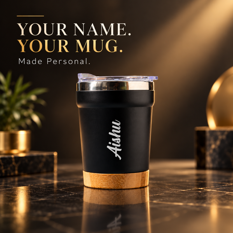 Personalised Supreme Travel Mug | 350ml Tumbler with Wooden Base Grip