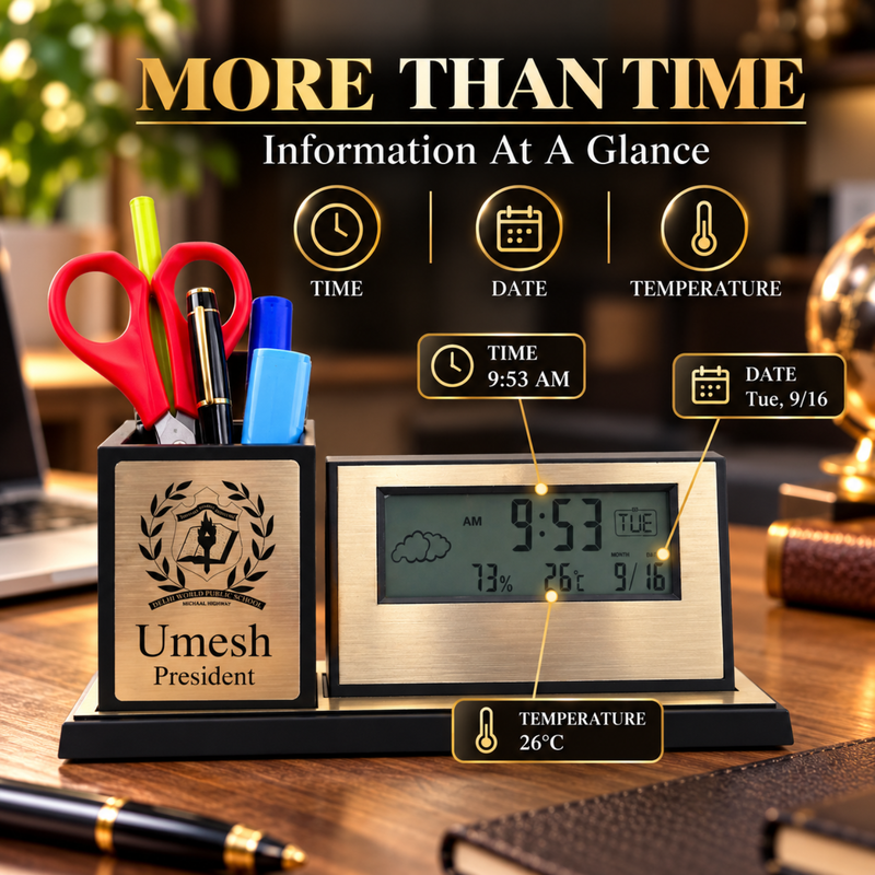 Personalised Digi Clock Pen Stand | Digital Clock Display with Custom Name Desk Organiser