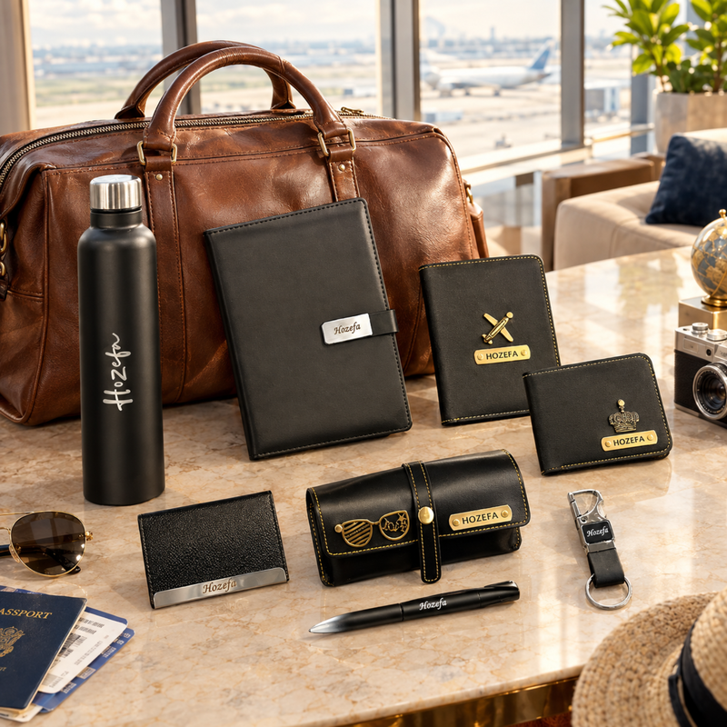 Classic Black Customised Hamper | Personalised Steel Bottle, Diary, Pen, Passport Cover, Wallet, Eyewear Case, Keychain & Card Holder Gift Set