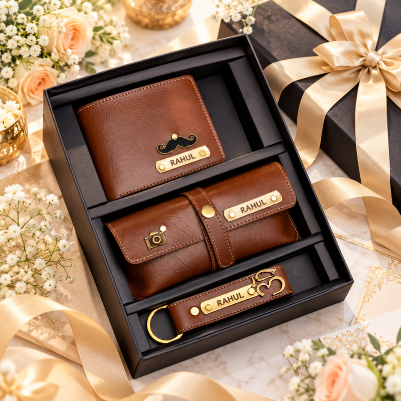 Nexon Customised 3 in 1 Hamper | Personalised Men Wallet, Eyewear Case & Keychain Gift Set | Premium Accessories Gift Box for Men