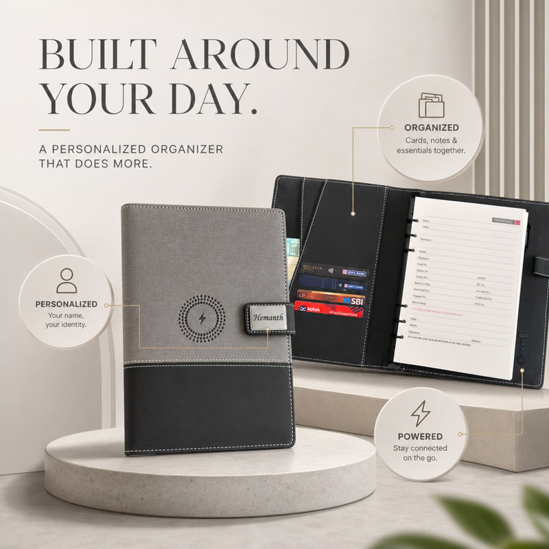 Power Bank Diary with 10000mAh Capacity | Multi-Utility Organizer with Card Slots | Smart Office & Corporate Gifting Accessory