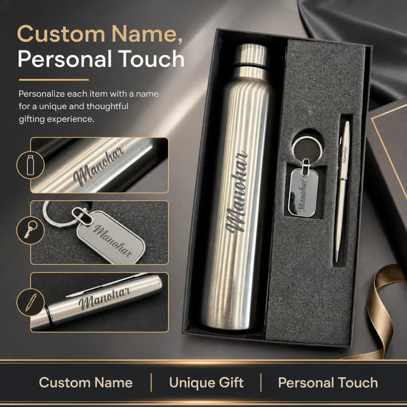 Personalized Classic Steel 3 in 1 Gift Set | Custom Name Steel Bottle Pen & Keychain Combo | Corporate Birthday Office Gifting Set