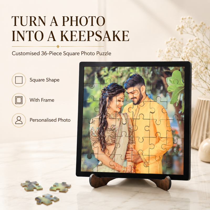 Customised 36 Pieces Photo Puzzle | Personalized Jigsaw Puzzle with Your Favourite Picture | Square & Heart Shape | With Frame & Without Frame Options | Custom Photo Gift for Birthday, Anniversary, Wedding, Couples, Kids & Family