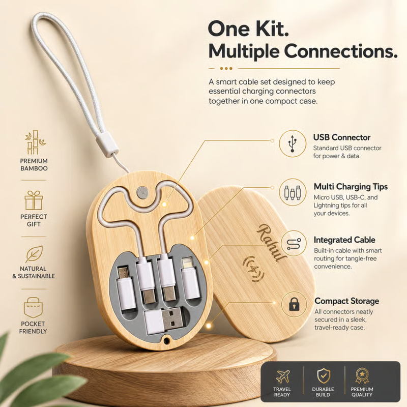 Personalized Bamboo Cable Kit | Custom Name USB Charging Cable Set with Multi Connectors | Compact Travel Tech Organizer for Office & Gifting