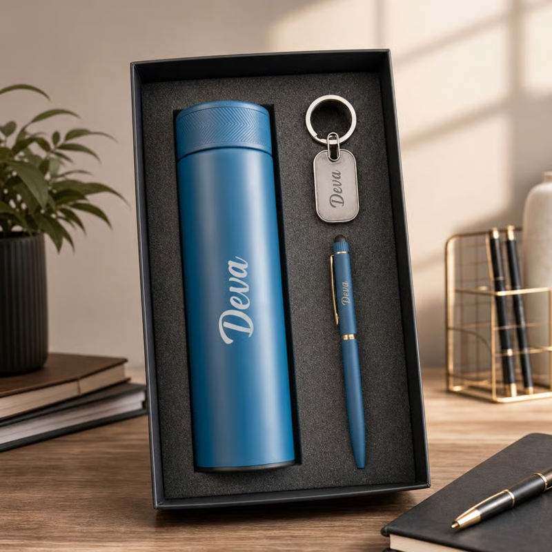 Personalized Grippo 3 in 1 Gift Set | Custom Name Flask Pen & Keychain Combo | Corporate Birthday Office Gifting Set
