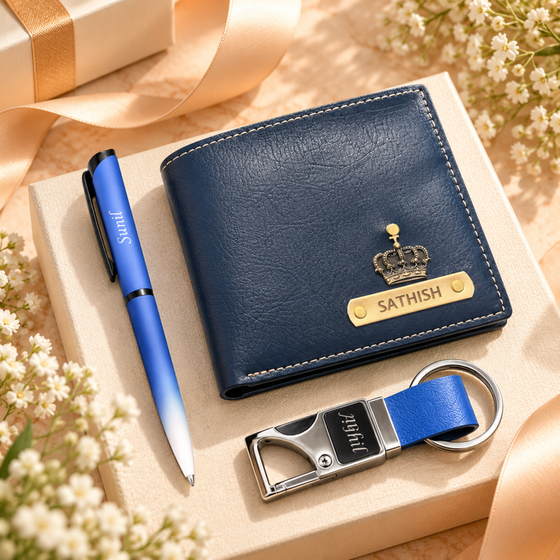 Nexon Customised Wallet Pen & Keychain Combo | Personalised Men Wallet, Pen & Bottle Opener Keychain Gift Set | Premium Accessories Hamper