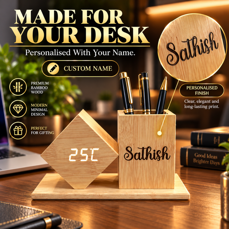 Bamboo Desk Organizer with Digital Clock Display | Wooden Pen Holder for Office & Study Table