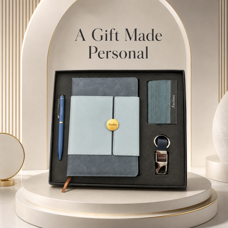 Personalized Morphy 4 in 1 Gift Set | Custom Name Diary Pen Keychain & Card Holder Combo | Corporate Birthday Office Gifting Set