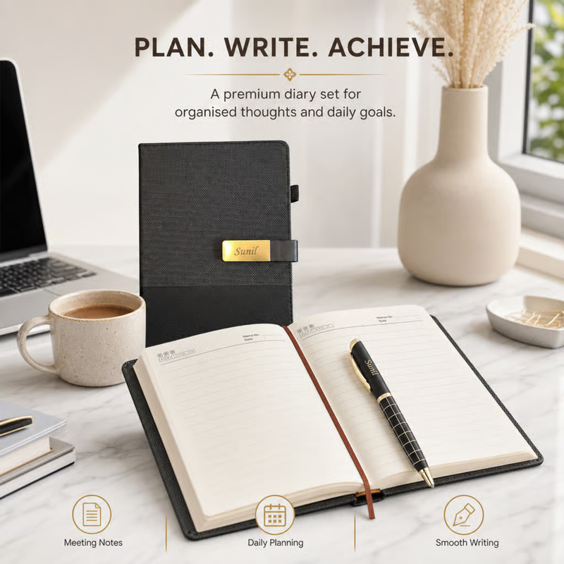 Modena Personalised Diary Pen Set | Premium Textured Diary with Custom Name Plate & Matching Pen | Elegant Office Stationery Gift Set for Professionals