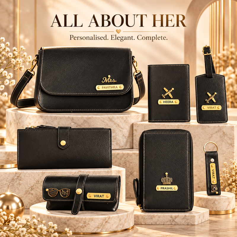 Personalised All About Her Gift Box | Premium Women Gift Set with Sling Bag, Wallet, Passport Cover & Accessories
