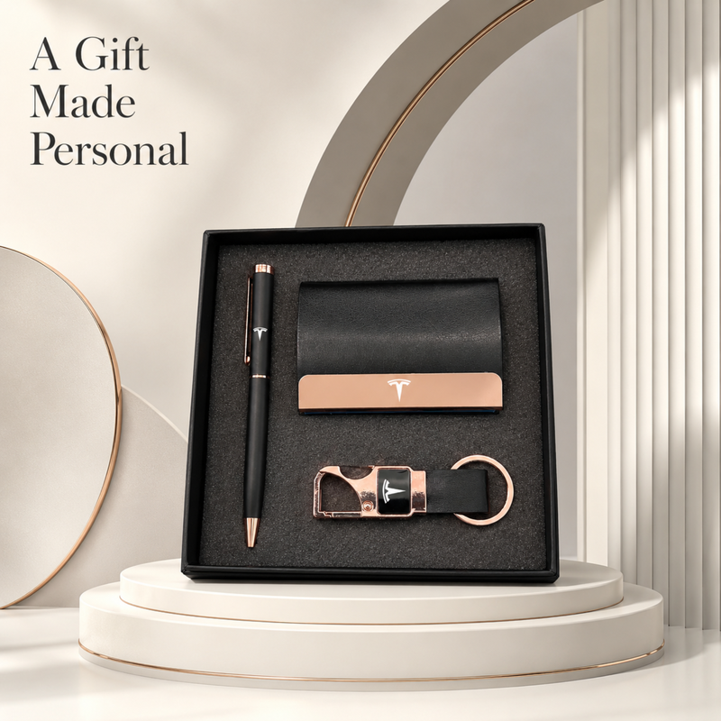 Personalized Nano Rose Gold 3 in 1 Gift Set | Custom Name Card Holder Pen & Keychain Combo | Corporate Birthday Office Gifting Set