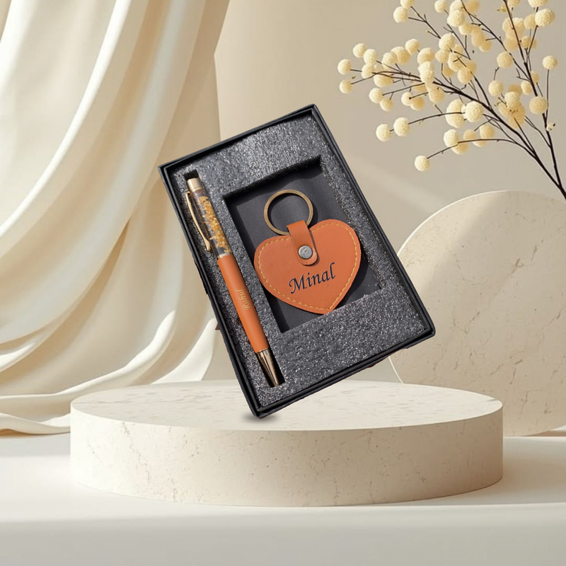 Personalised Heart Shape Keychain & Gold Flake Pen Set | Stylish Pen with Heart Keychain | 2-Piece Gift Set for Men & Women