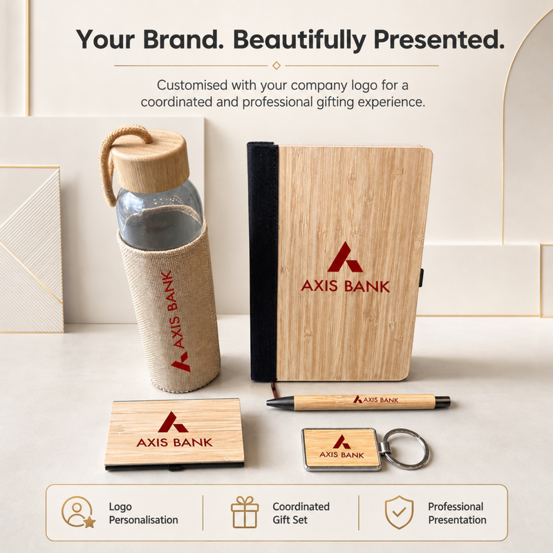 Personalized Prima Bamboo 5 in 1 Gift Set | Custom Name Diary Bottle Pen Keychain & Card Holder Combo | Corporate Office Gifting Set