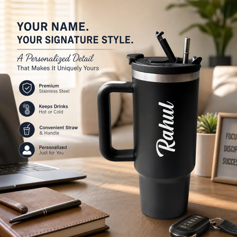 LED Stanley Flask | 1200ml Stainless Steel Water Bottle with Straw, Handle & Personalized Name