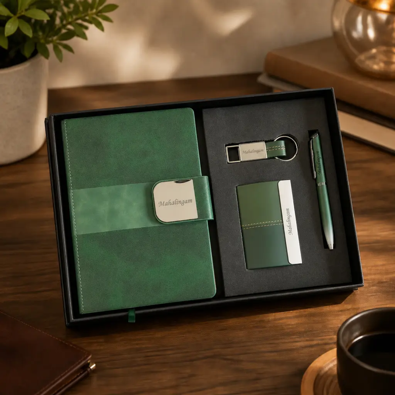 Personalized Ivory 4 in 1 Gift Set | Custom Name Diary Pen Keychain & Card Holder Combo | Corporate Birthday Office Gifting Set
