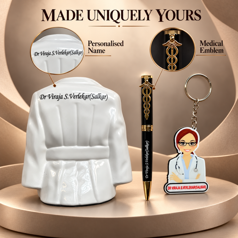Personalised Doctor 3-in-1 Gift Set | Doctor Coat Pen Stand Pen & Keychain | Custom Name Gift for Doctors