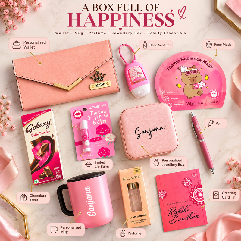 Personalised Her Happy Box | Premium Women Gift Hamper with Wallet, Mug, Perfume, Jewellery Box & Beauty Essentials