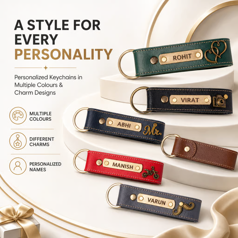 NEXON Customizable Keychain | Personalized Name Key Ring with Stylish Leather Finish & Decorative Charm