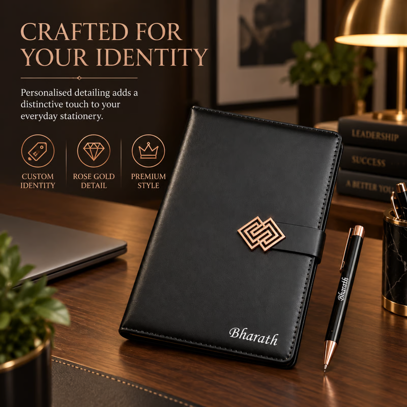 Rose Gold Personalised Diary Pen Set | Premium Leather Finish Diary with Elegant Rose Gold Emblem & Matching Pen | Luxury Office Stationery Gift Set