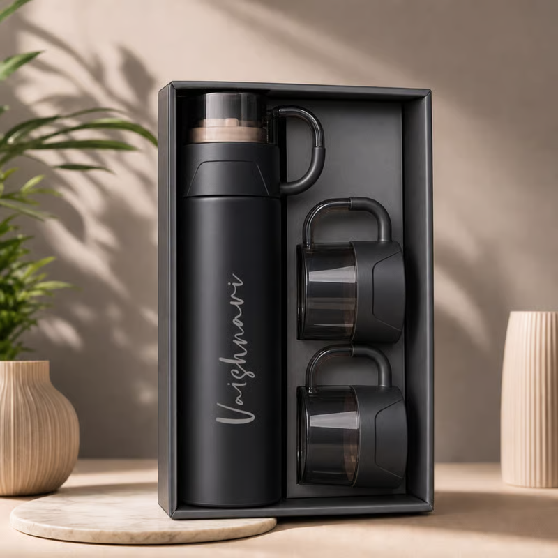 Personalized Alexa Flask with 2 Cups | Custom Name Printed Flask & Cup Gift Set | Travel Drinkware Set for Office Home Gifting