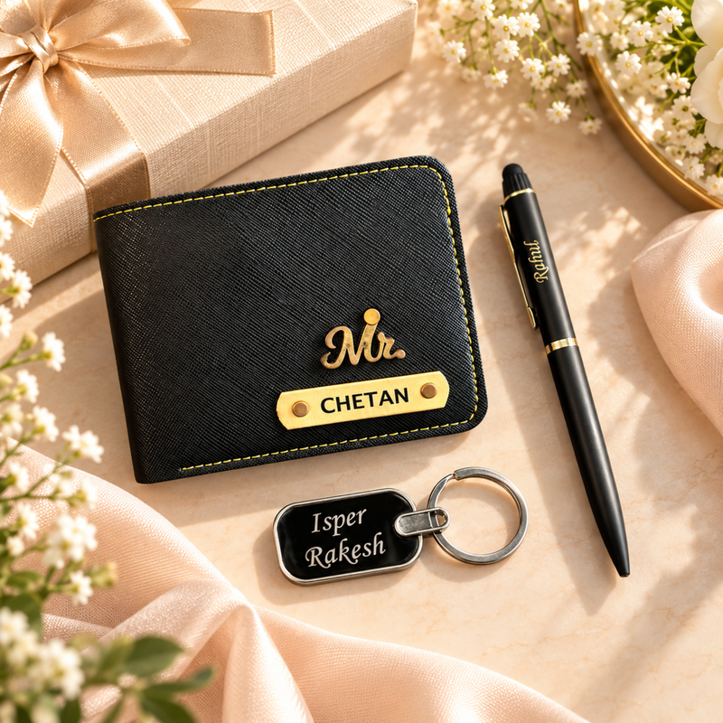 Saffiona 3 in 1 Personalized Gift Set | Premium Men Wallet with Pen & Keychain Combo | Custom Name Wallet Gift Set for Men | Stylish Corporate & Birthday Gift