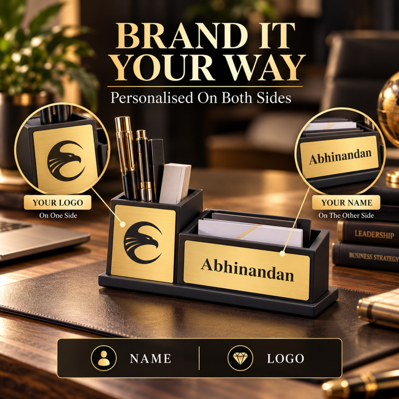 Personalised Embassy Pen Stand | Double Side Branding Desk Organiser for Office