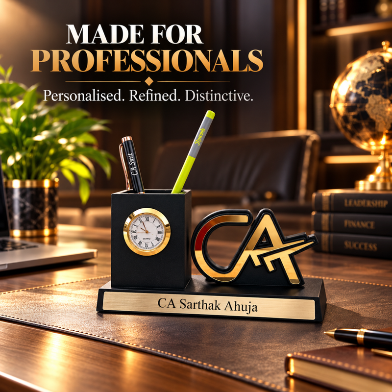 Personalised Professional Pen Stand | Mini Clock Desk Organizer with Custom Logo | Premium Office Table Accessory Gift