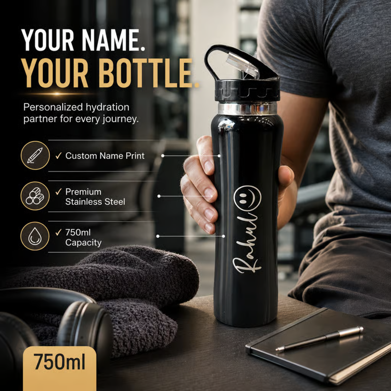 Nexon Personalized Straw Sipper Bottle | 750ml Stainless Steel Water Bottle with Flip Lid & Reusable Straw | Leak Resistant Travel Bottle for Kids, Office, Gym & Outdoor Use