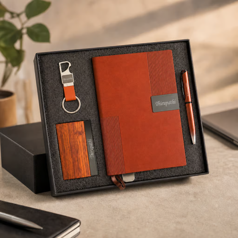 Personalized Abro 4 in 1 Gift Set | Custom Name Diary Pen Keychain & Card Holder Combo | Corporate Birthday Office Gifting Set