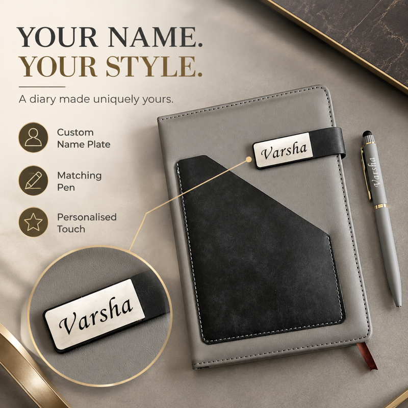 Terra Luxe Personalised Diary Pen Set | Premium Leather Finish Diary with Custom Name Plate & Matching Pen | Elegant Office Stationery Gift Set