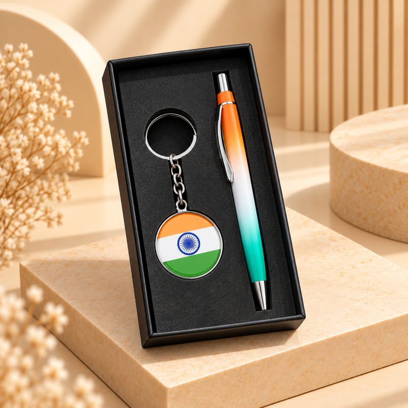 Tiranga Pen & Keychain Set | Tricolor Pen with Matching Tiranga Keychain | 2-Piece Personalized Gift Set