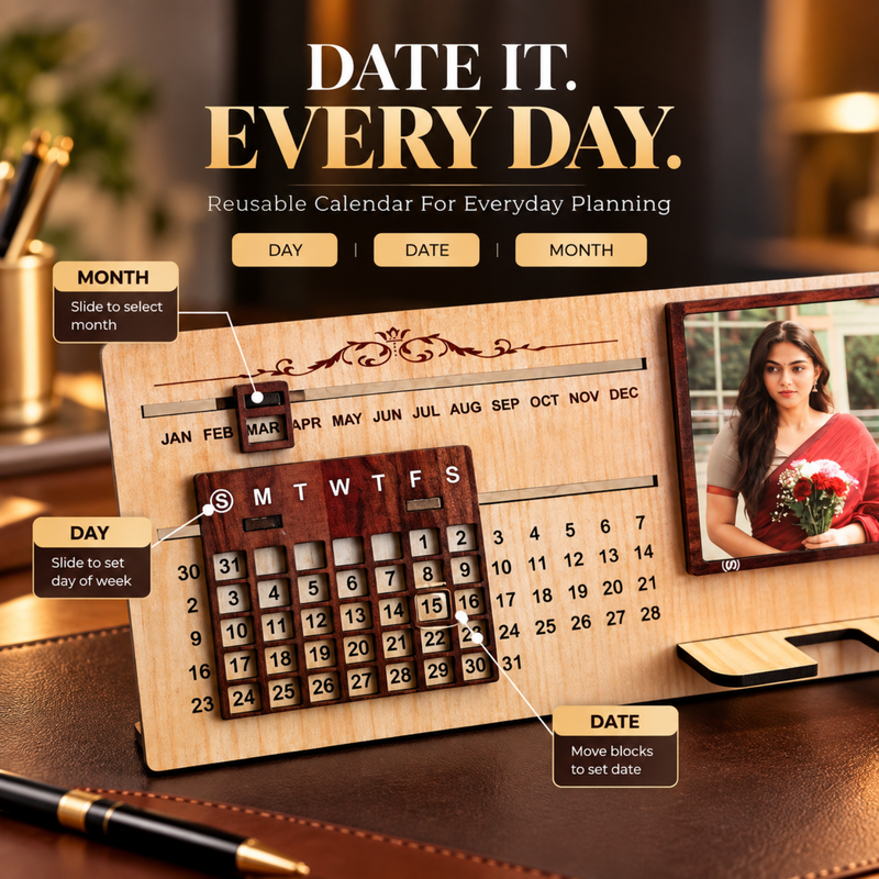 Personalised Infinity Calendar Stand with Photo Frame & Mobile Holder