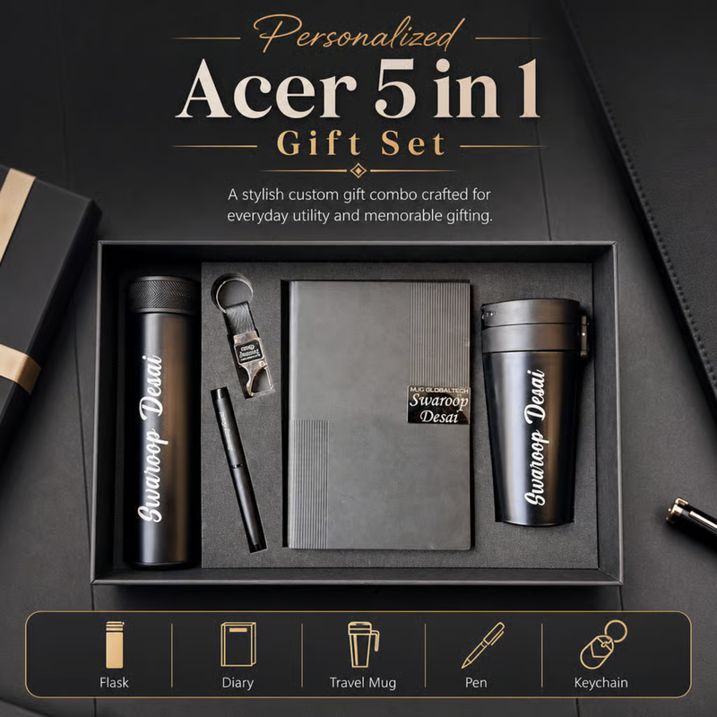 Personalized Acer 5 in 1 Gift Set | Custom Name Flask Diary Travel Mug Pen & Keychain Combo | Corporate Birthday Office Gifting Set