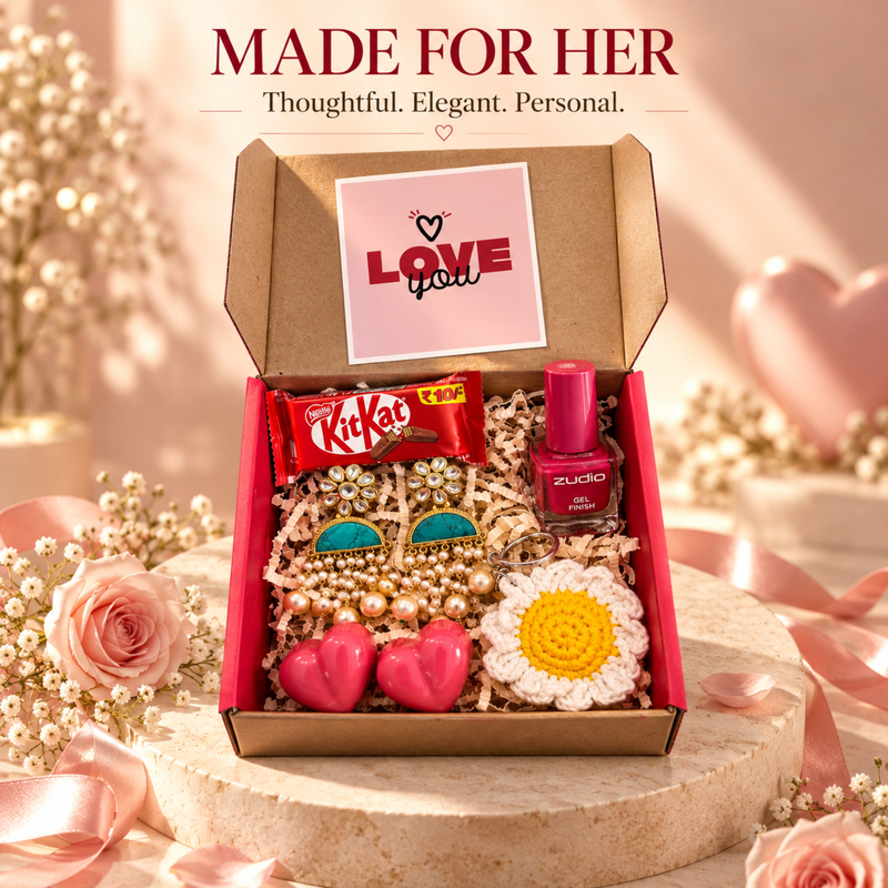 Personalised Made For Her Gift Box | Elegant Women Gift Hamper with Earrings, Keychain, Nail Paint & Chocolates