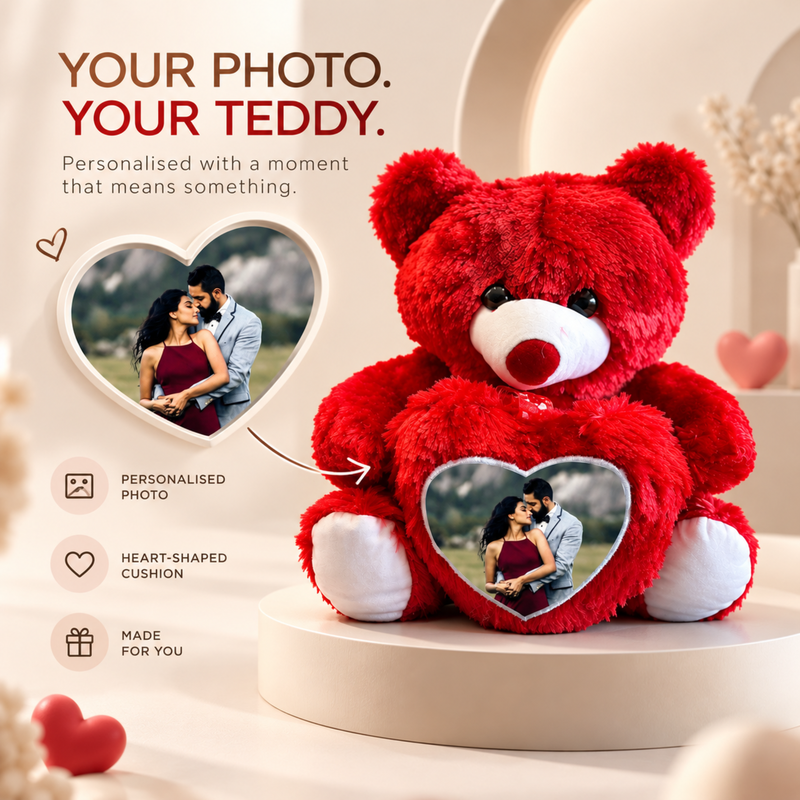 Personalized Teddy Photo Cushion | Custom Photo Printed Teddy Bear Cushion | Romantic Couple Gift | Birthday Anniversary Valentine Gift