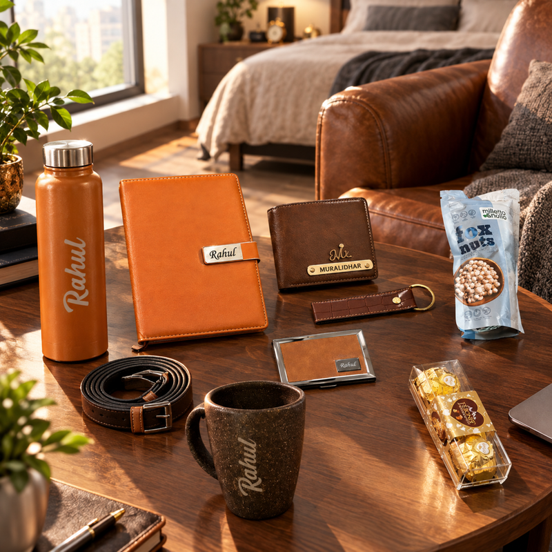 Alpha Customised Gift Set for Men | Personalised Aqua Steel Bottle, Diary, Wallet, Pen, Keychain, Card Holder, Belt, Mug, Chocolates & Premium Accessories Gift Hamper