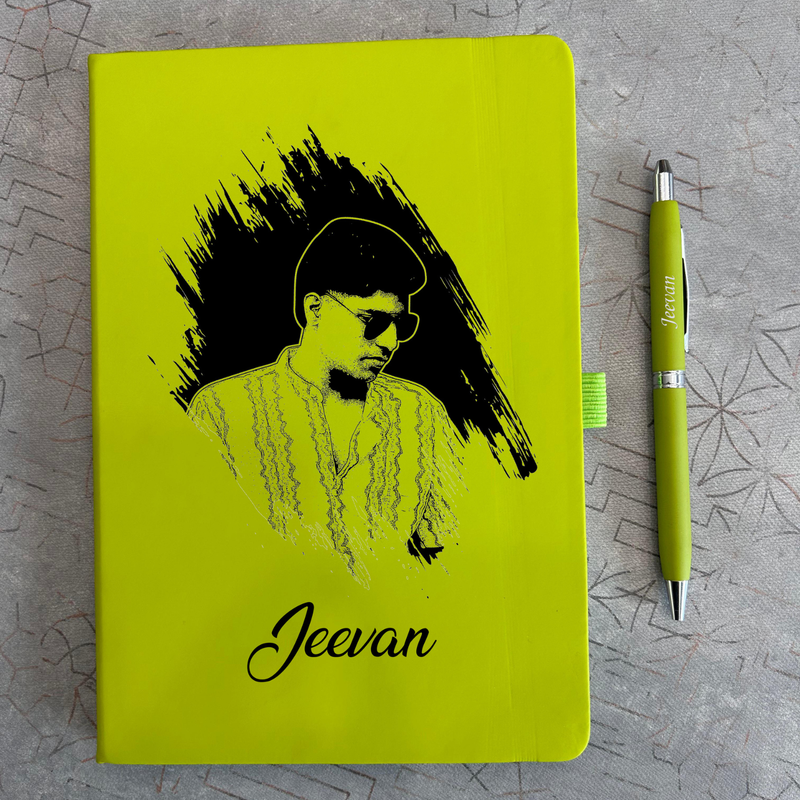 Brush Effect Sketch Personalised Diary Pen Set | Custom Photo & Name Diary with Matching Pen | Unique Gift for Couples Friends Professionals Birthday Anniversary
