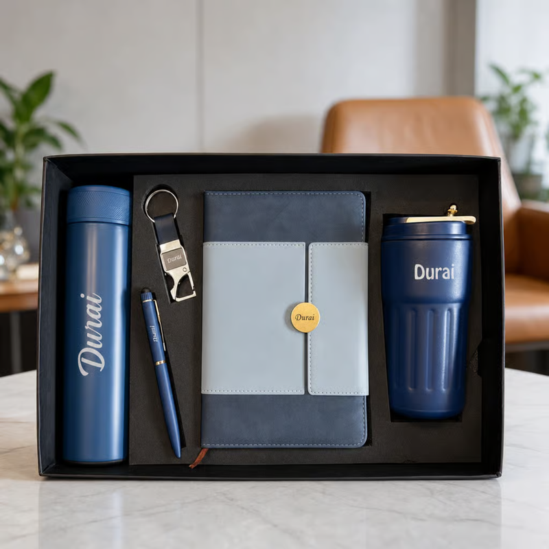 Personalized Calista 5 in 1 Gift Set | Custom Name Flask Diary Travel Mug Pen & Keychain Combo | Corporate Birthday Office Gifting Set