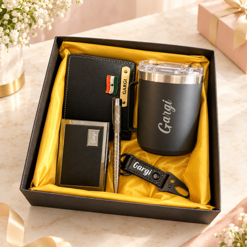 Nexon Signature Gift Box for Men | Wallet, Travel Mug, RFID Card Holder, Hook Keychain & Croc Snakes Pen | 5-Piece Personalized Gift Set