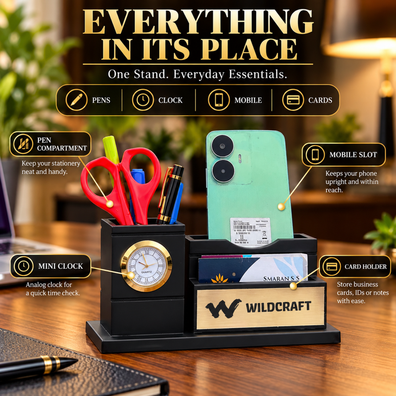 Personalised Cello Pen Stand with Mini Clock | Custom Name Desk Organiser for Office & Study Table