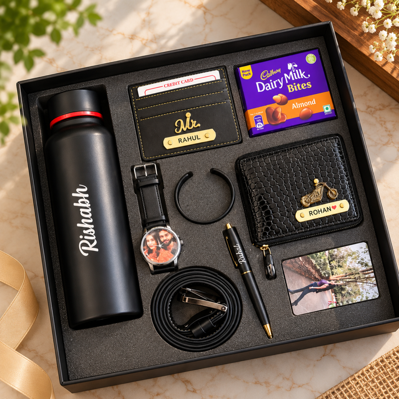 Gentlemen Customised Hamper | Personalised Bottle, Photo Wrist Watch, Wallet, Kada, Card Holder, Belt, Pen & Chocolate Gift Set for Men