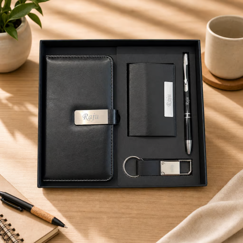 Personalized Tesla 4 in 1 Gift Set | Custom Name Pocket Diary Pen Card Holder & Keychain Combo | Corporate Birthday Office Gifting Set