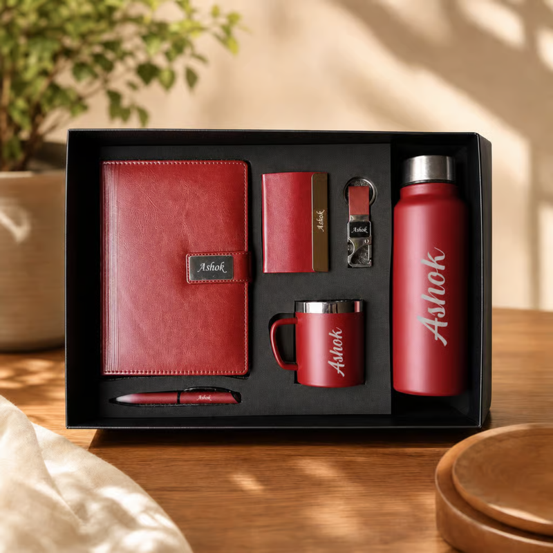 Personalized Mercury 6 in 1 Gift Set | Custom Name Diary Bottle Pen Keychain Card Holder & Mug Combo | Corporate Birthday Office Gifting Set