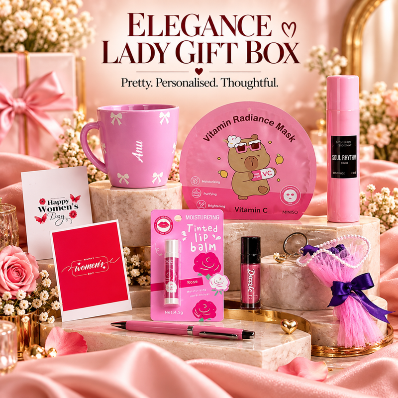 Personalised Elegance Lady Gift Box | Premium Women Gift Hamper with Cute Cup, Beauty Essentials, Pen & Keychain